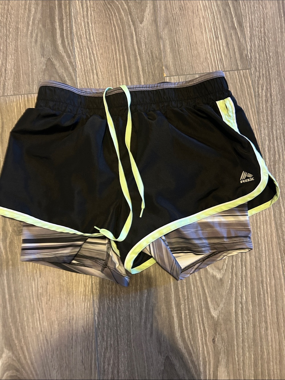 RBX Black Athletic Shorts with Neon Yellow Trim and Striped Liner